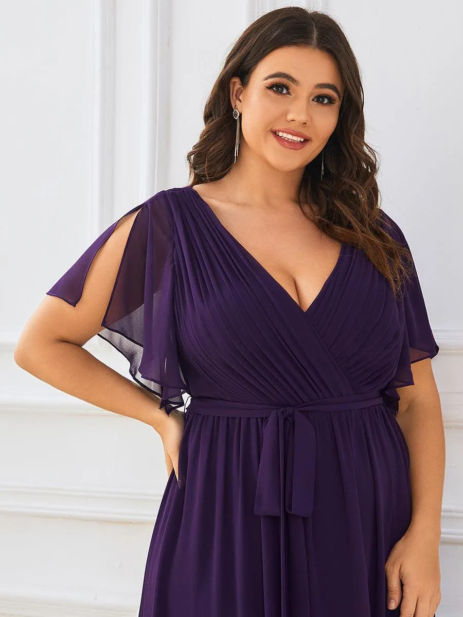Robe mariage invitée en mousseline de soie à encolure en V et à manches flottantes