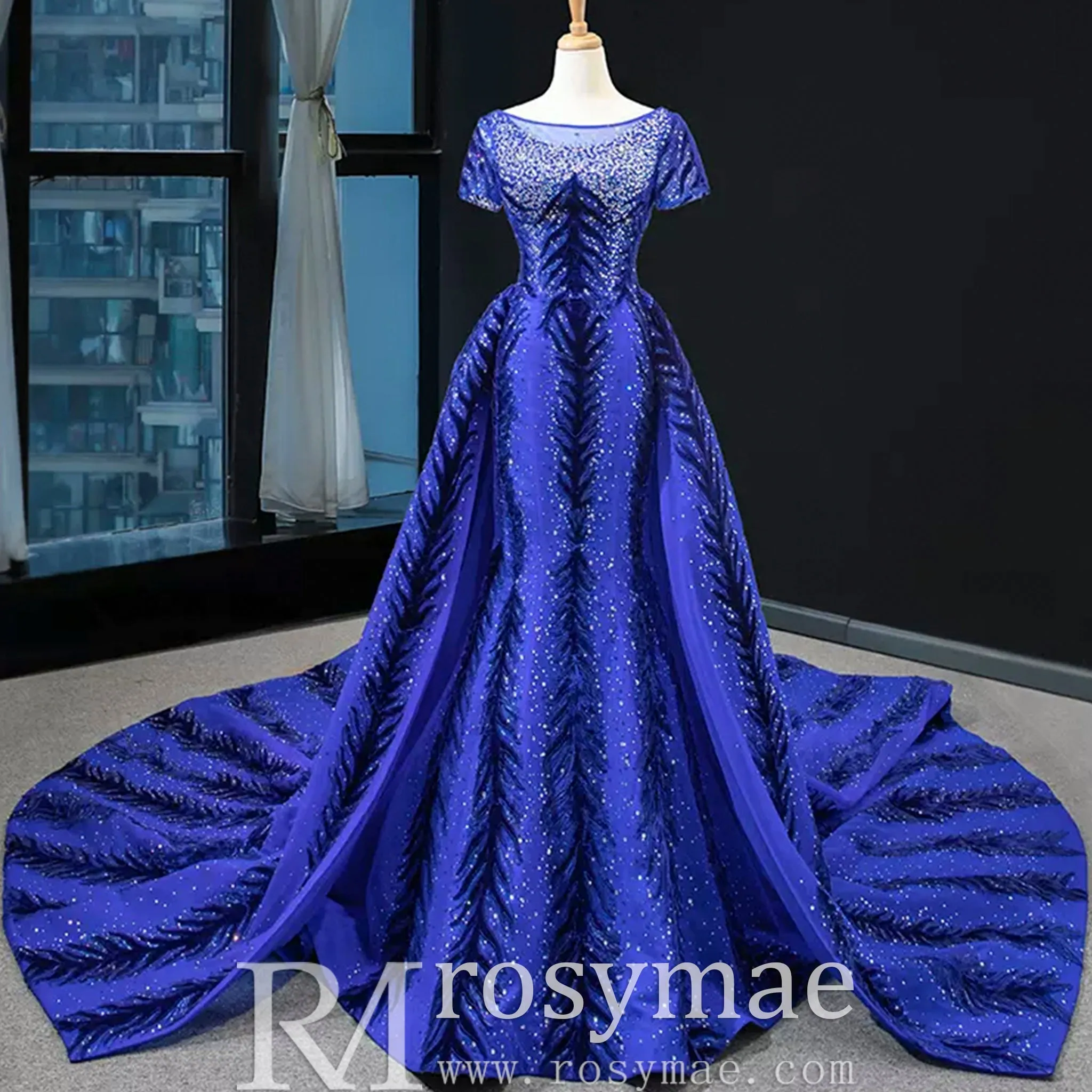 Royal Blue Sparkly Prom Dress Evening Gown with Detachable Train