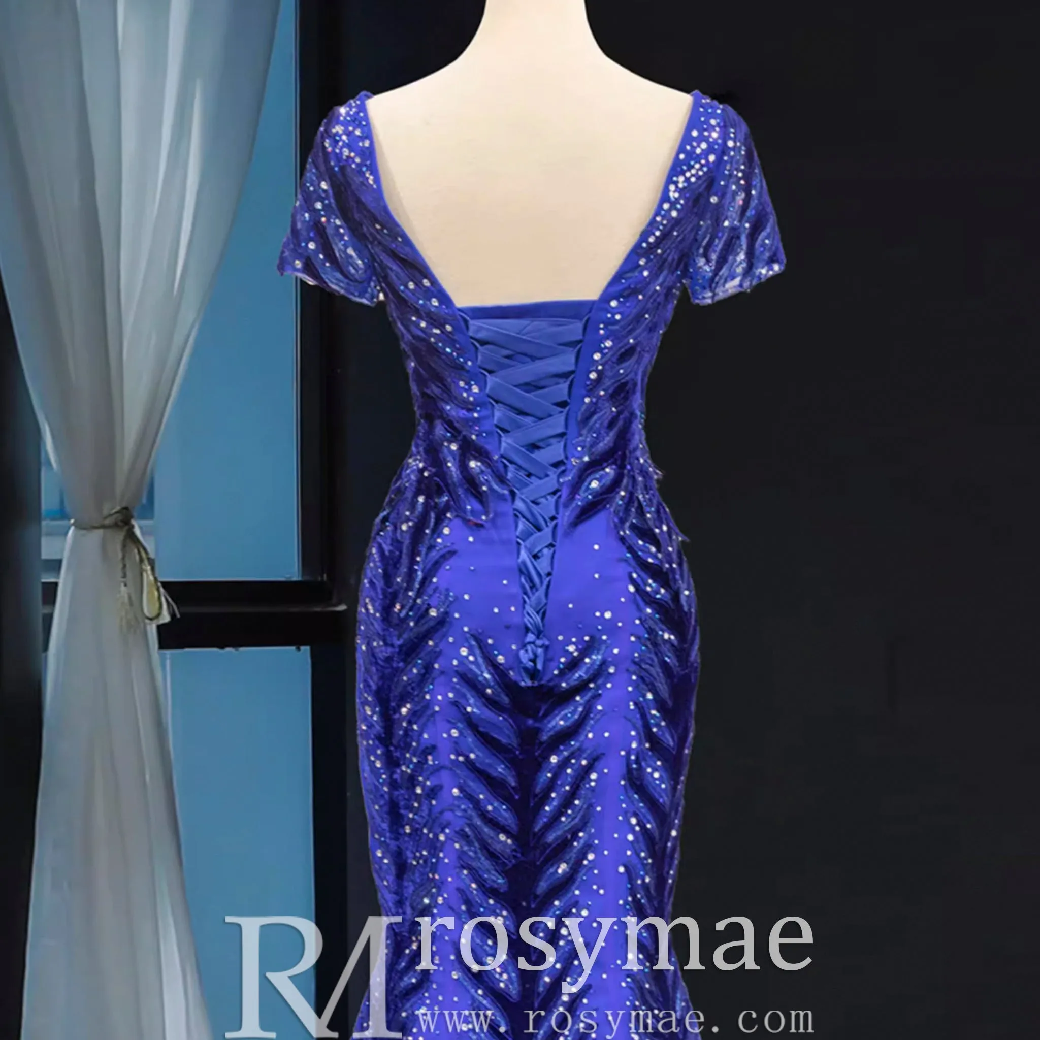 Royal Blue Sparkly Prom Dress Evening Gown with Detachable Train