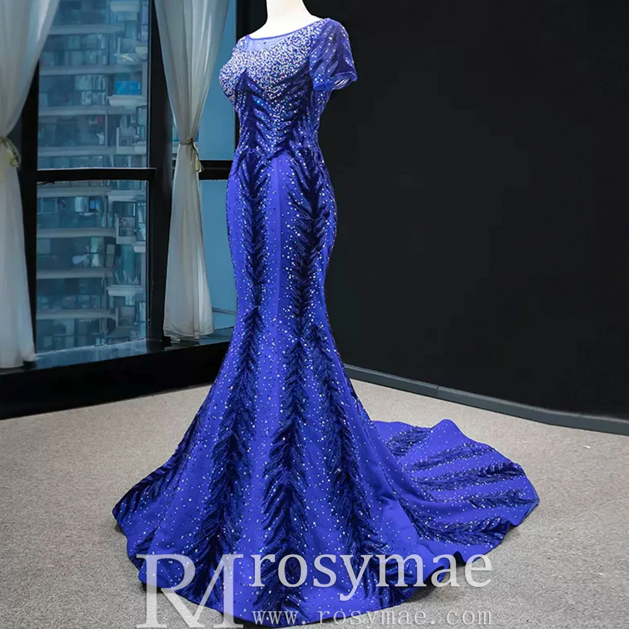 Royal Blue Sparkly Prom Dress Evening Gown with Detachable Train