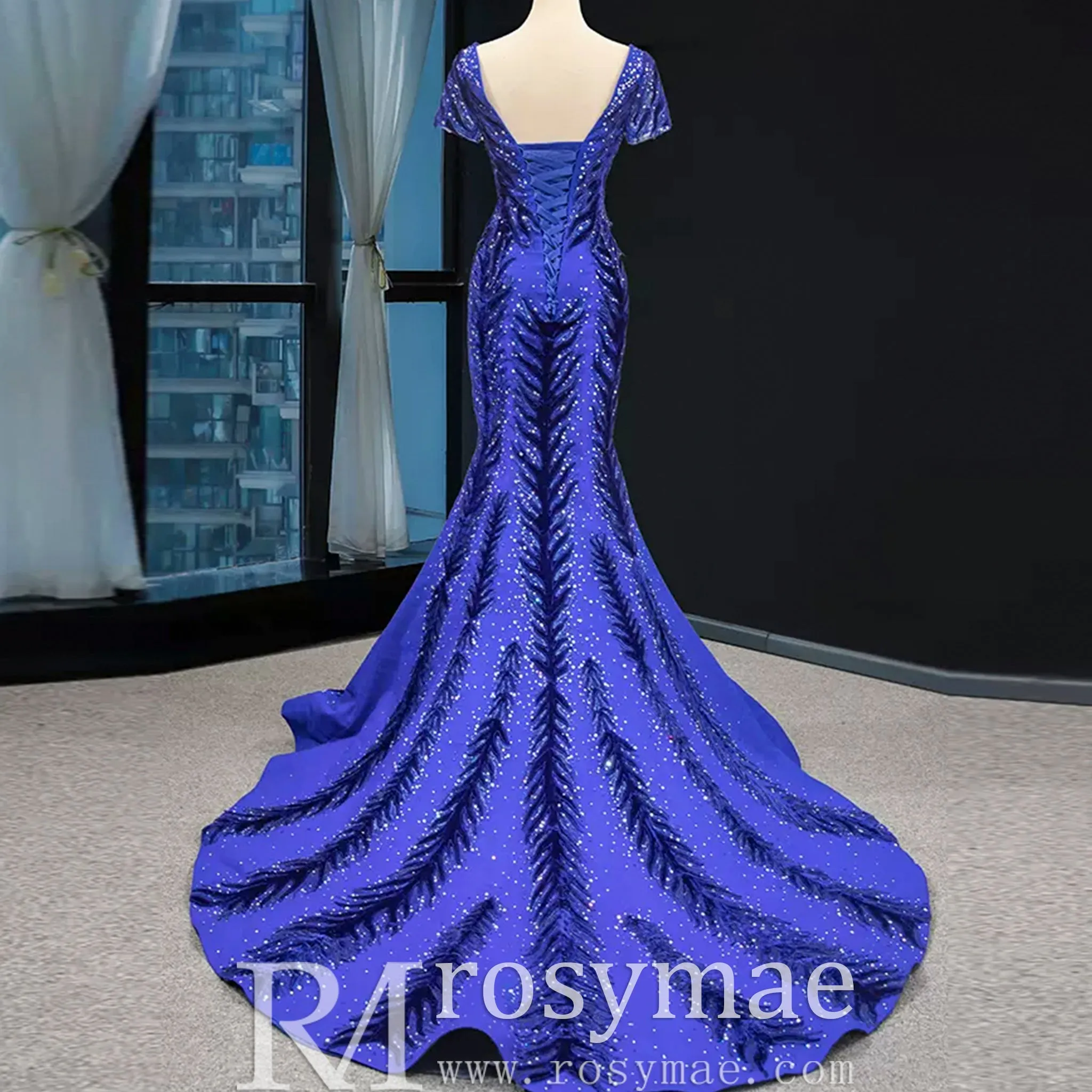 Royal Blue Sparkly Prom Dress Evening Gown with Detachable Train
