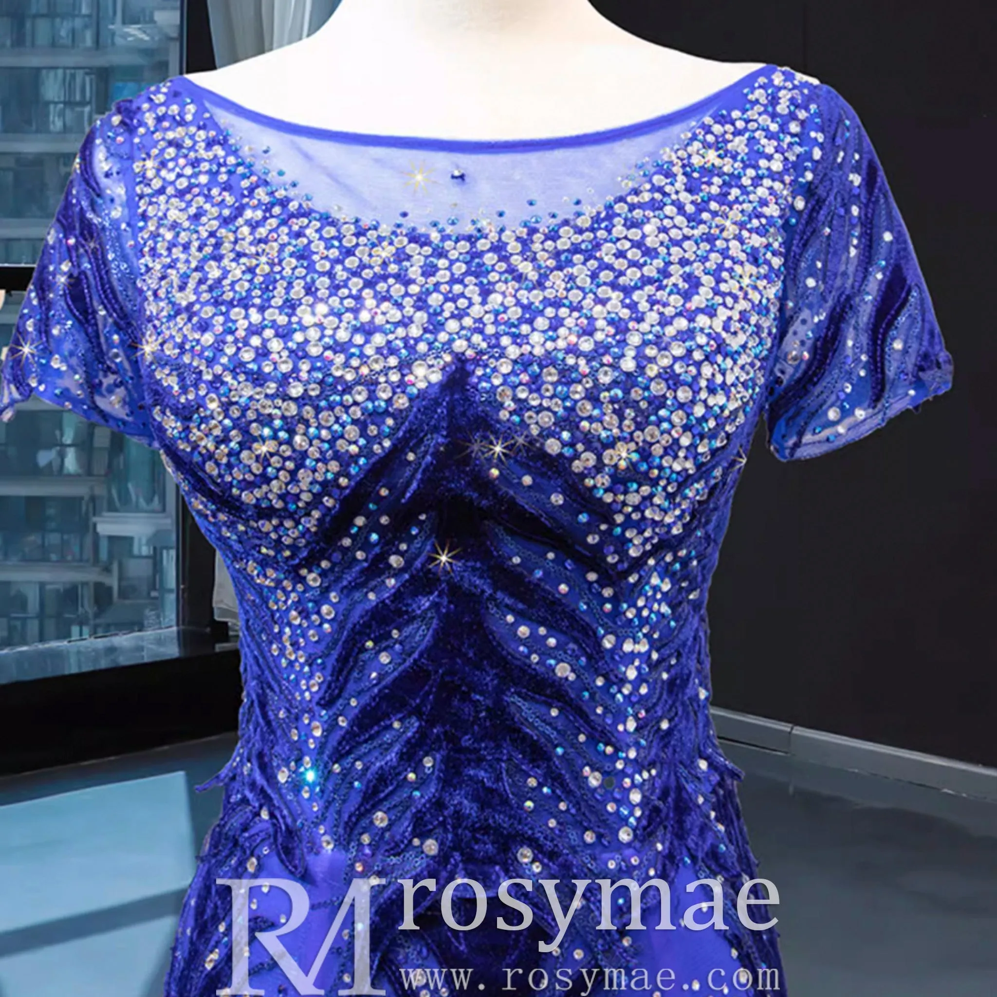 Royal Blue Sparkly Prom Dress Evening Gown with Detachable Train