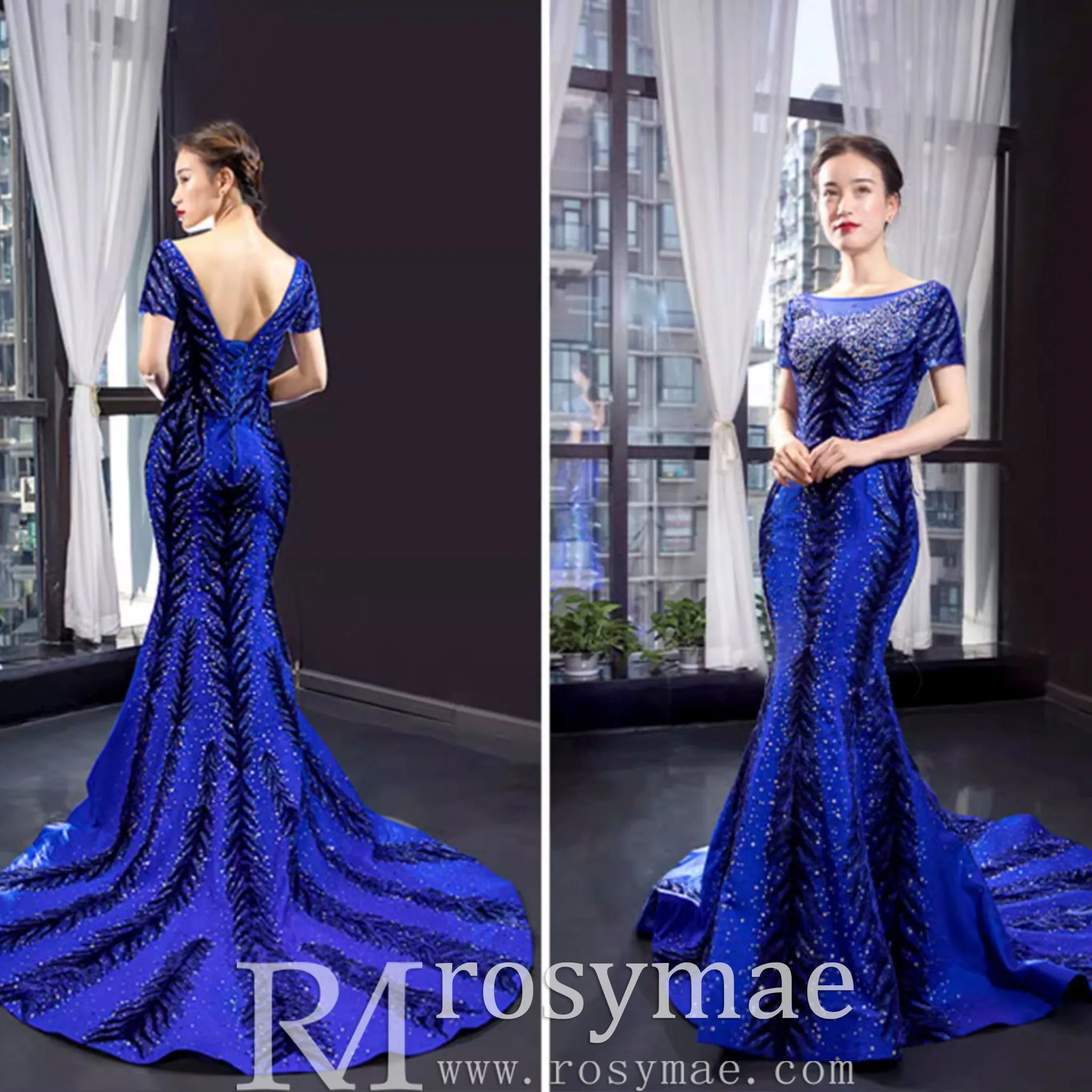Royal Blue Sparkly Prom Dress Evening Gown with Detachable Train