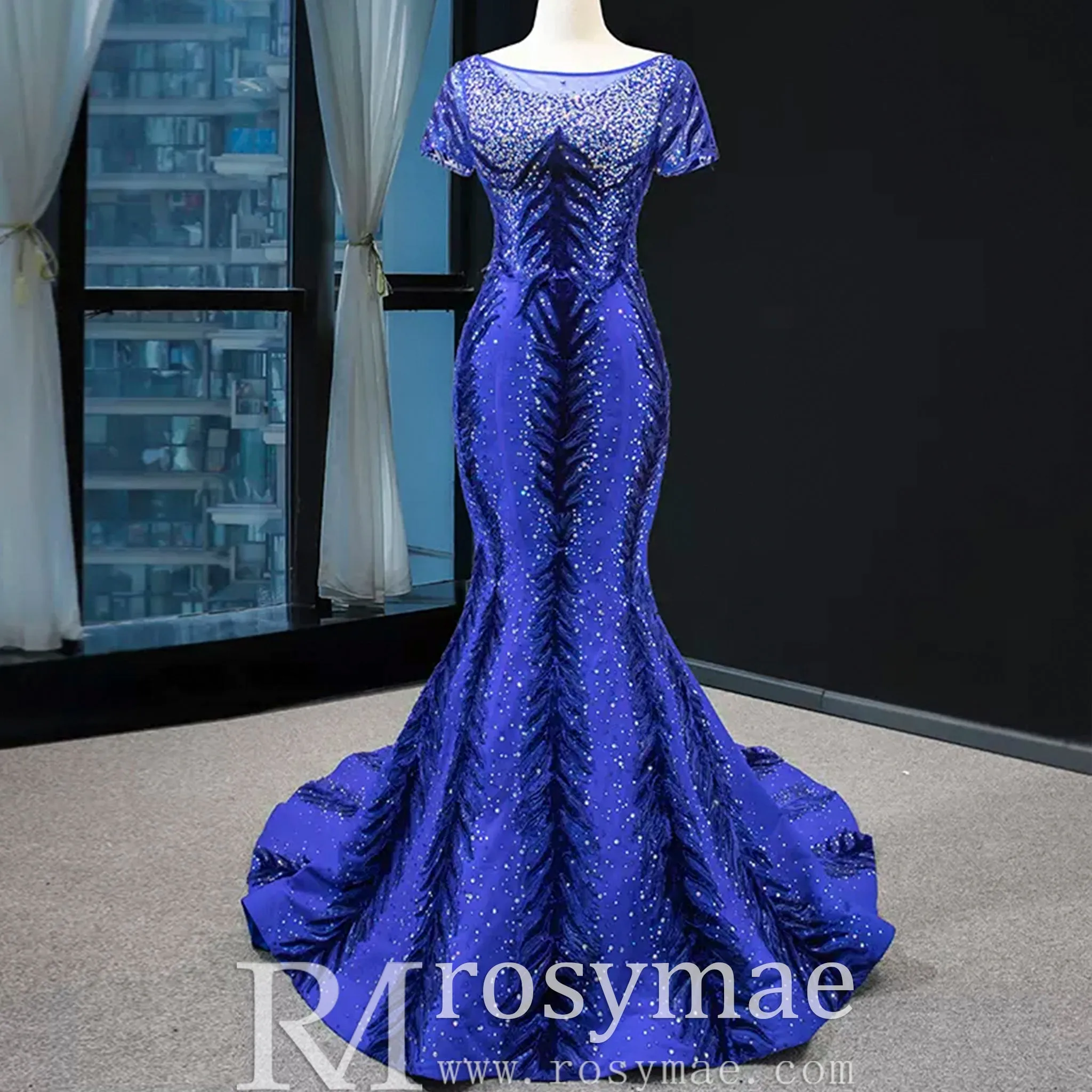Royal Blue Sparkly Prom Dress Evening Gown with Detachable Train