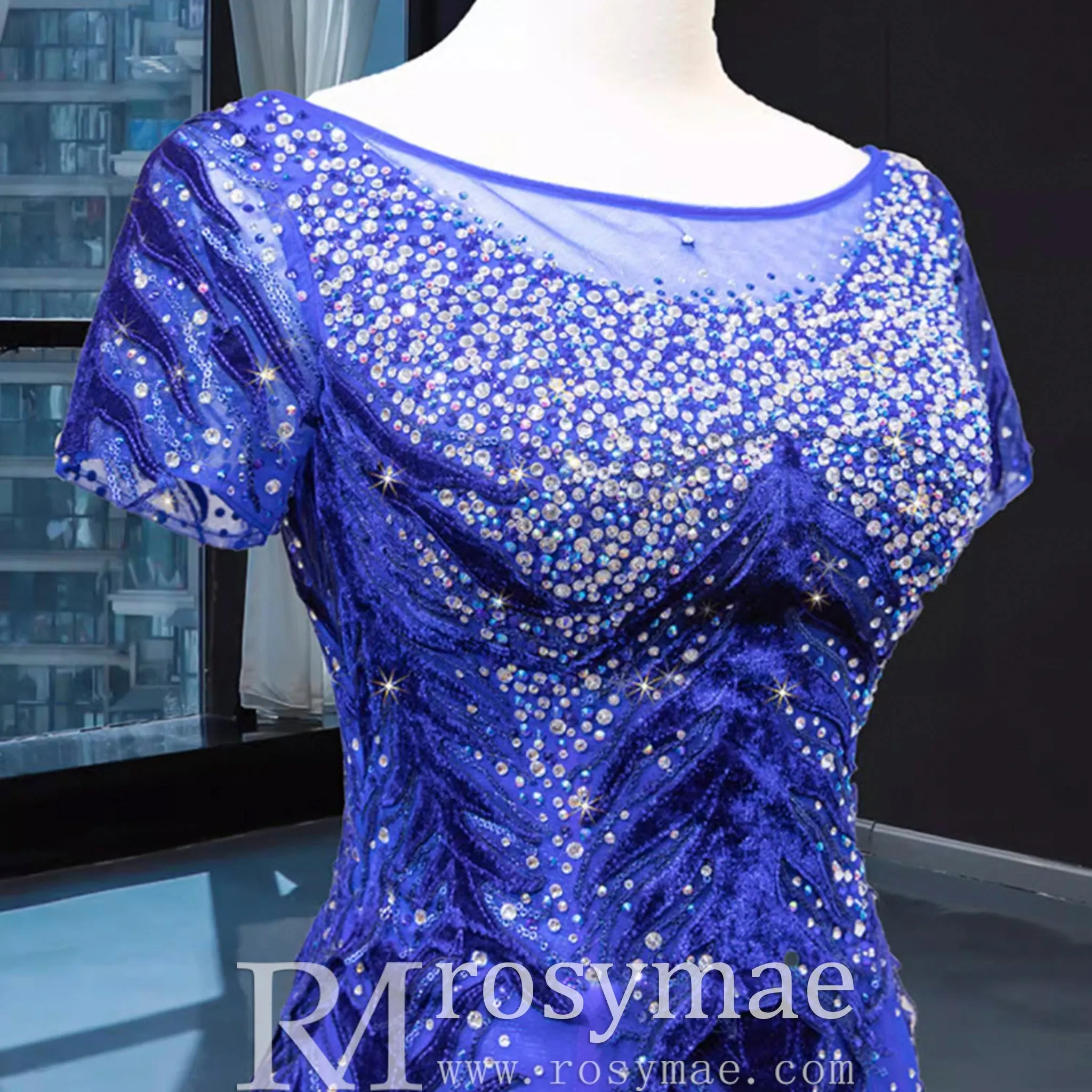Royal Blue Sparkly Prom Dress Evening Gown with Detachable Train