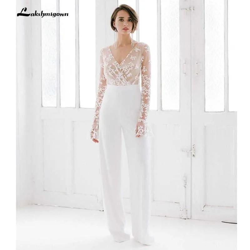 Roycebridal White Wedding Jumpsuit Beach Wedding Dresses V Neck Long Sleeve