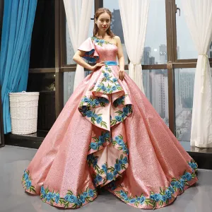 RSM66738 one shoulder satin beautiful ball gown girls embroidery evening dress