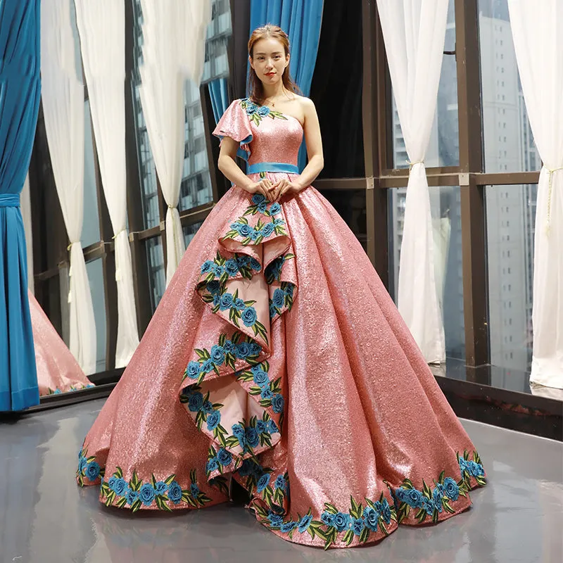RSM66738 one shoulder satin beautiful ball gown girls embroidery evening dress