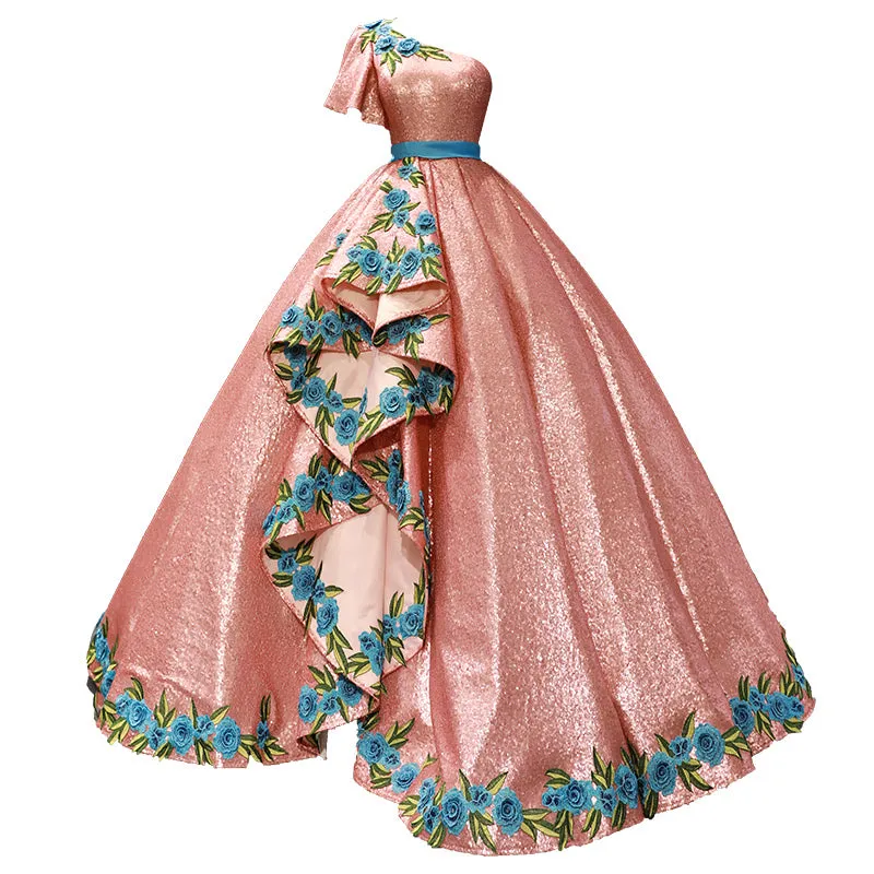 RSM66738 one shoulder satin beautiful ball gown girls embroidery evening dress