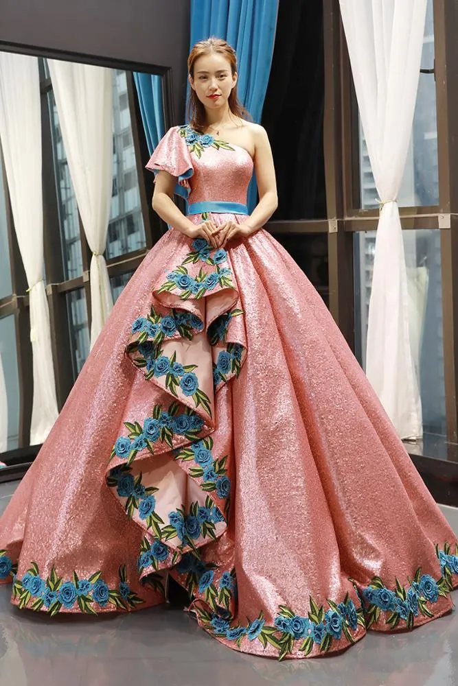 RSM66738 one shoulder satin beautiful ball gown girls embroidery evening dress