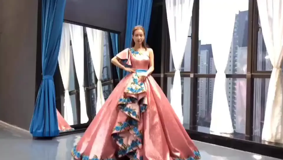 RSM66738 one shoulder satin beautiful ball gown girls embroidery evening dress