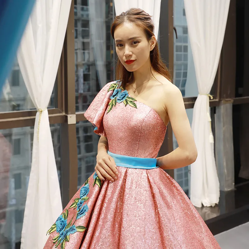 RSM66738 one shoulder satin beautiful ball gown girls embroidery evening dress