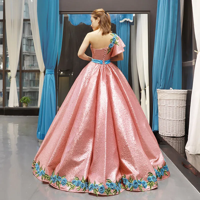 RSM66738 one shoulder satin beautiful ball gown girls embroidery evening dress