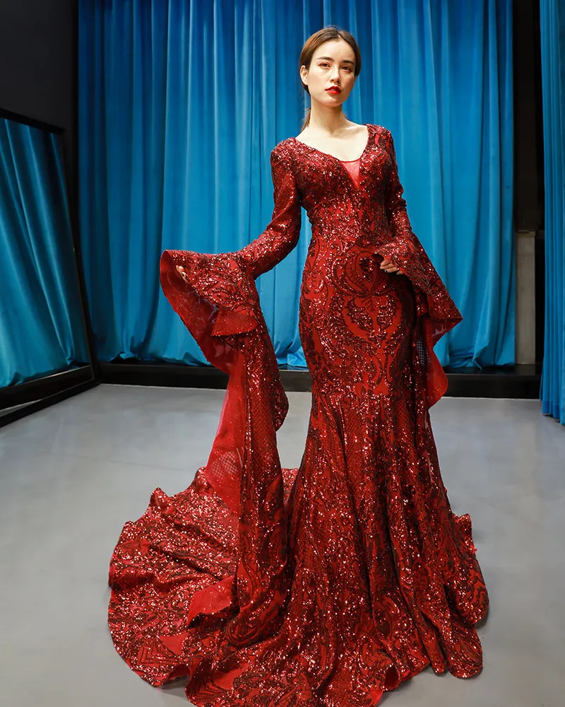 RSM66740 V-neck long puffy sleeves sexy red new arrival spring special mermaid evening dresses