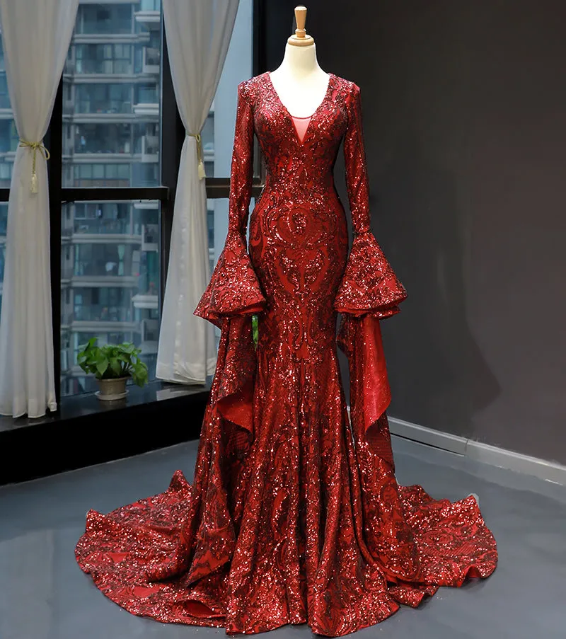RSM66740 V-neck long puffy sleeves sexy red new arrival spring special mermaid evening dresses