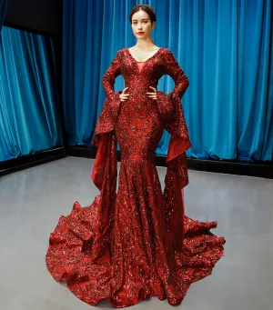 RSM66740 V-neck long puffy sleeves sexy red new arrival spring special mermaid evening dresses