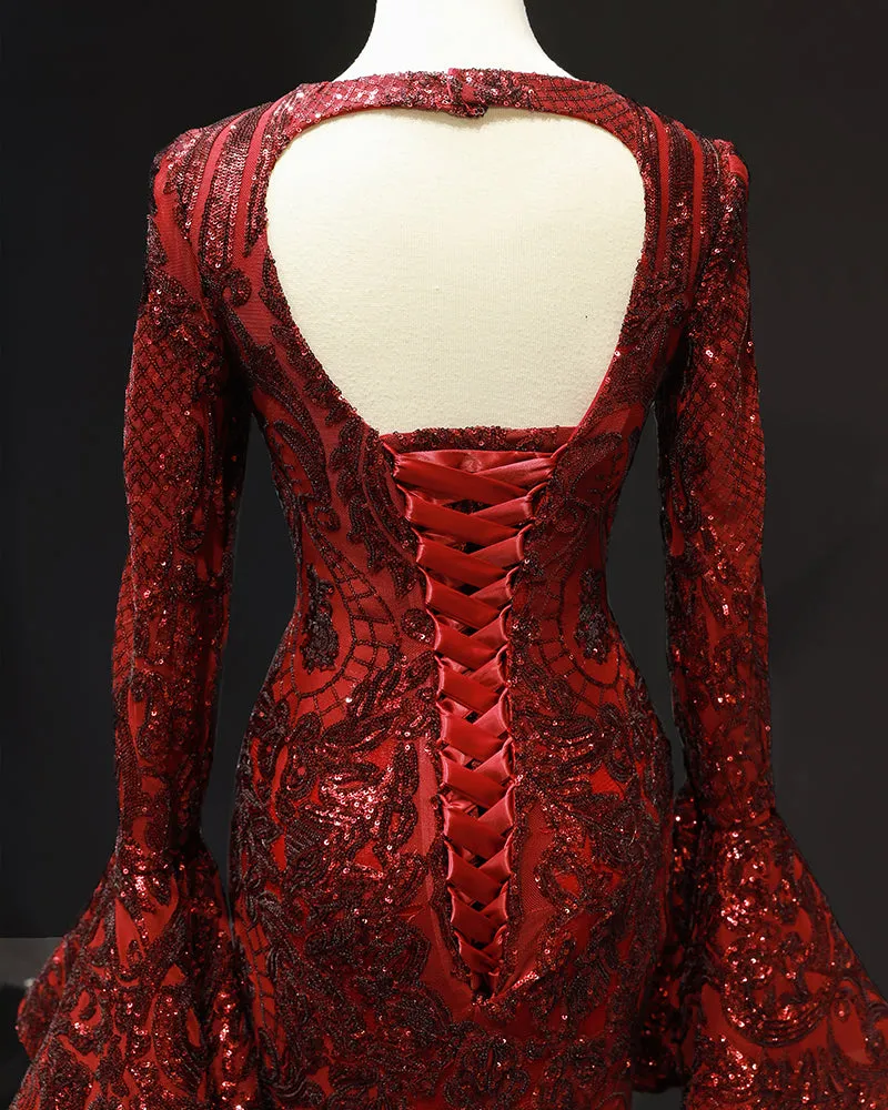 RSM66740 V-neck long puffy sleeves sexy red new arrival spring special mermaid evening dresses