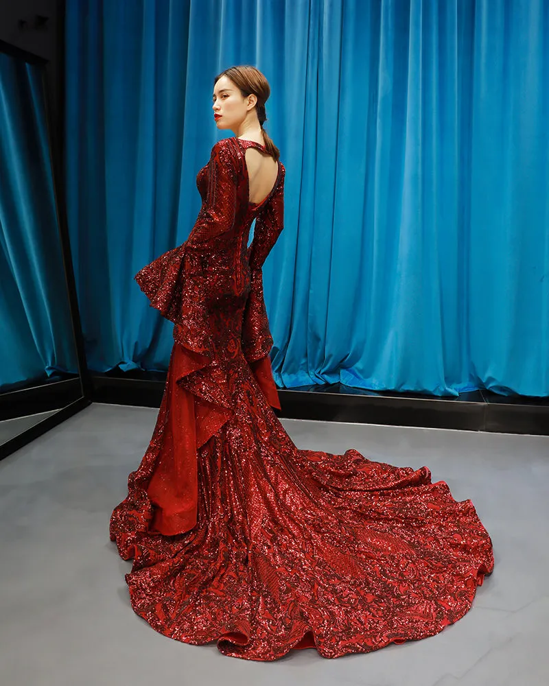 RSM66740 V-neck long puffy sleeves sexy red new arrival spring special mermaid evening dresses