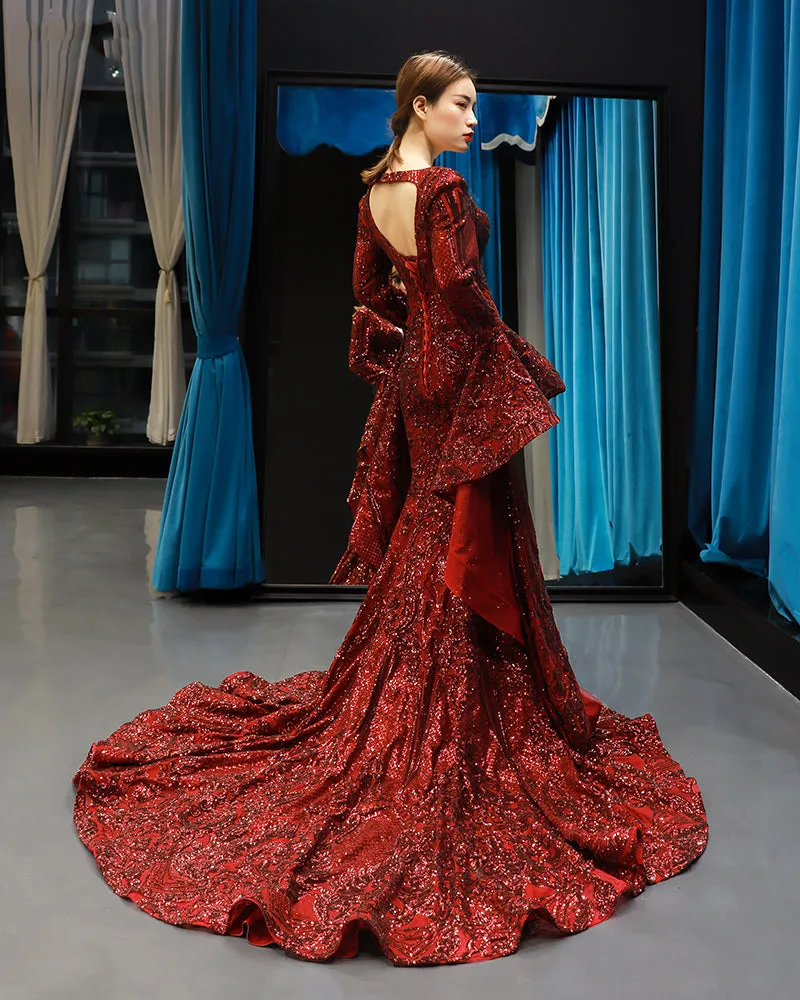 RSM66740 V-neck long puffy sleeves sexy red new arrival spring special mermaid evening dresses