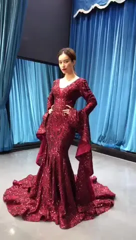 RSM66740 V-neck long puffy sleeves sexy red new arrival spring special mermaid evening dresses