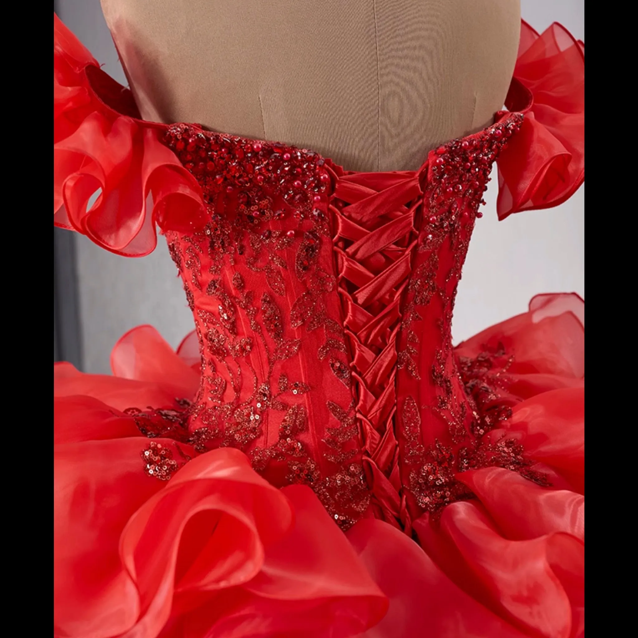 Ruffle Red Quinceanera Dress Sequined Evening Gown with Off the Shoulder