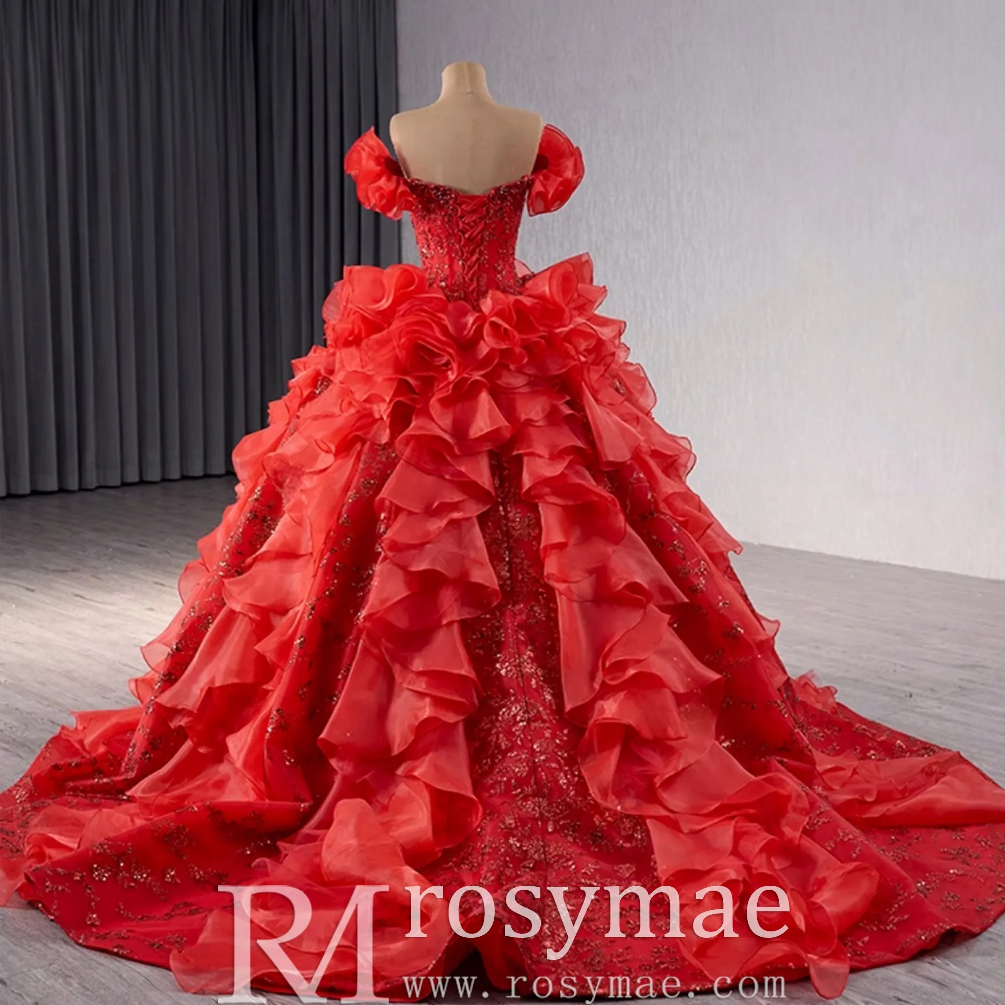Ruffle Red Quinceanera Dress Sequined Evening Gown with Off the Shoulder