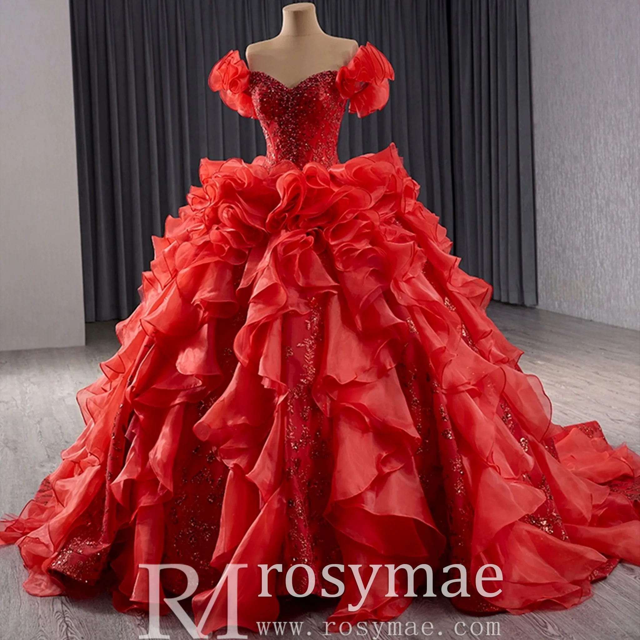 Ruffle Red Quinceanera Dress Sequined Evening Gown with Off the Shoulder