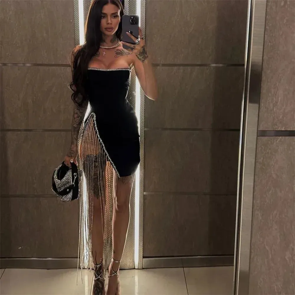 Sansa Black Short Satin Prom Dress Strapless Diamond Evening Dresses Elegant Tassel Sexy Side High Split Formal Evening