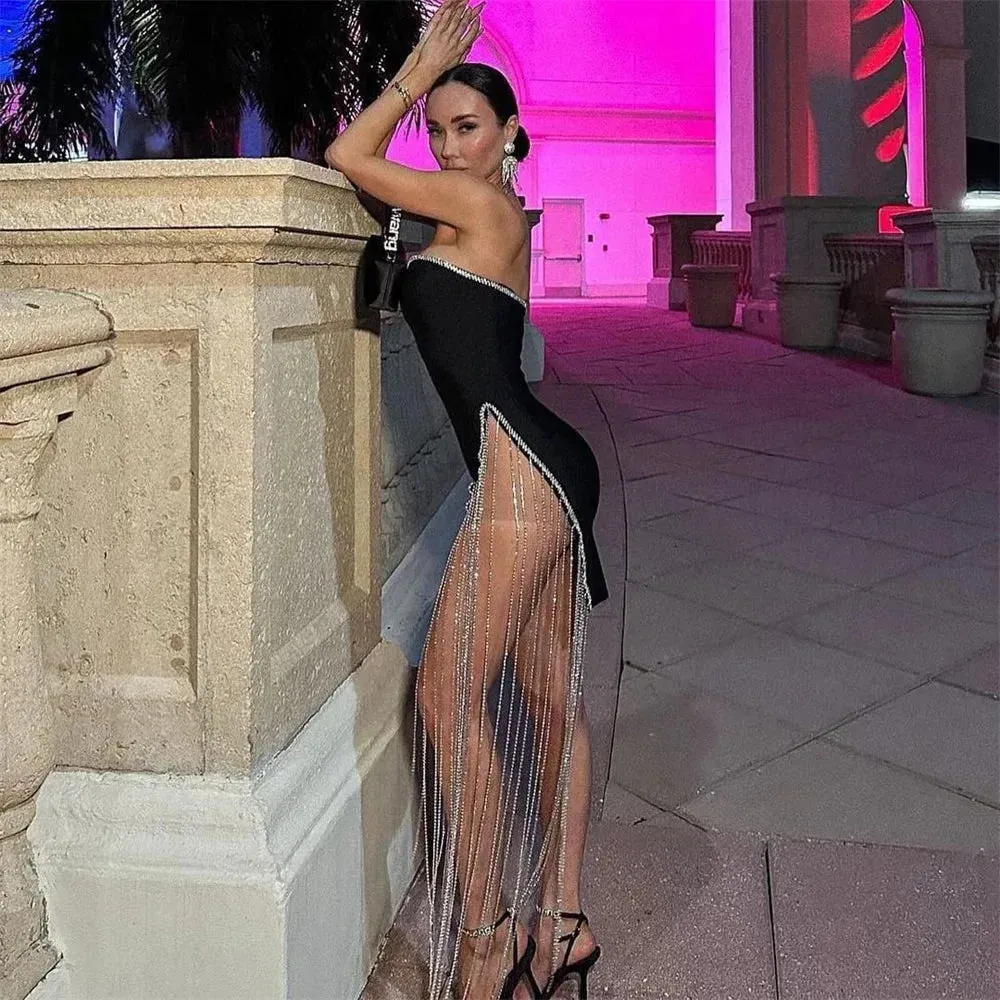 Sansa Black Short Satin Prom Dress Strapless Diamond Evening Dresses Elegant Tassel Sexy Side High Split Formal Evening
