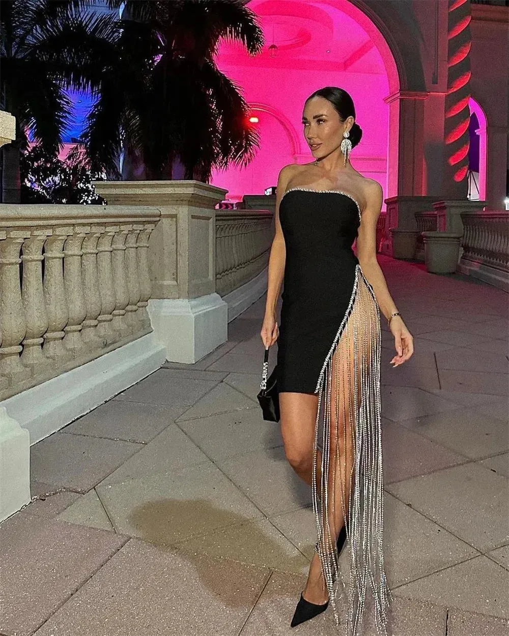 Sansa Black Short Satin Prom Dress Strapless Diamond Evening Dresses Elegant Tassel Sexy Side High Split Formal Evening