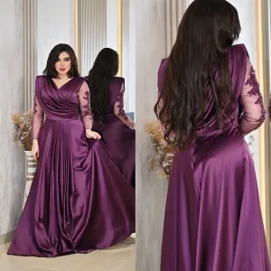 Satin robes de soirée V-neck Plus Size Lace Illusion Sleeves Prom Dresses Floor-length A-line Wedding Dress