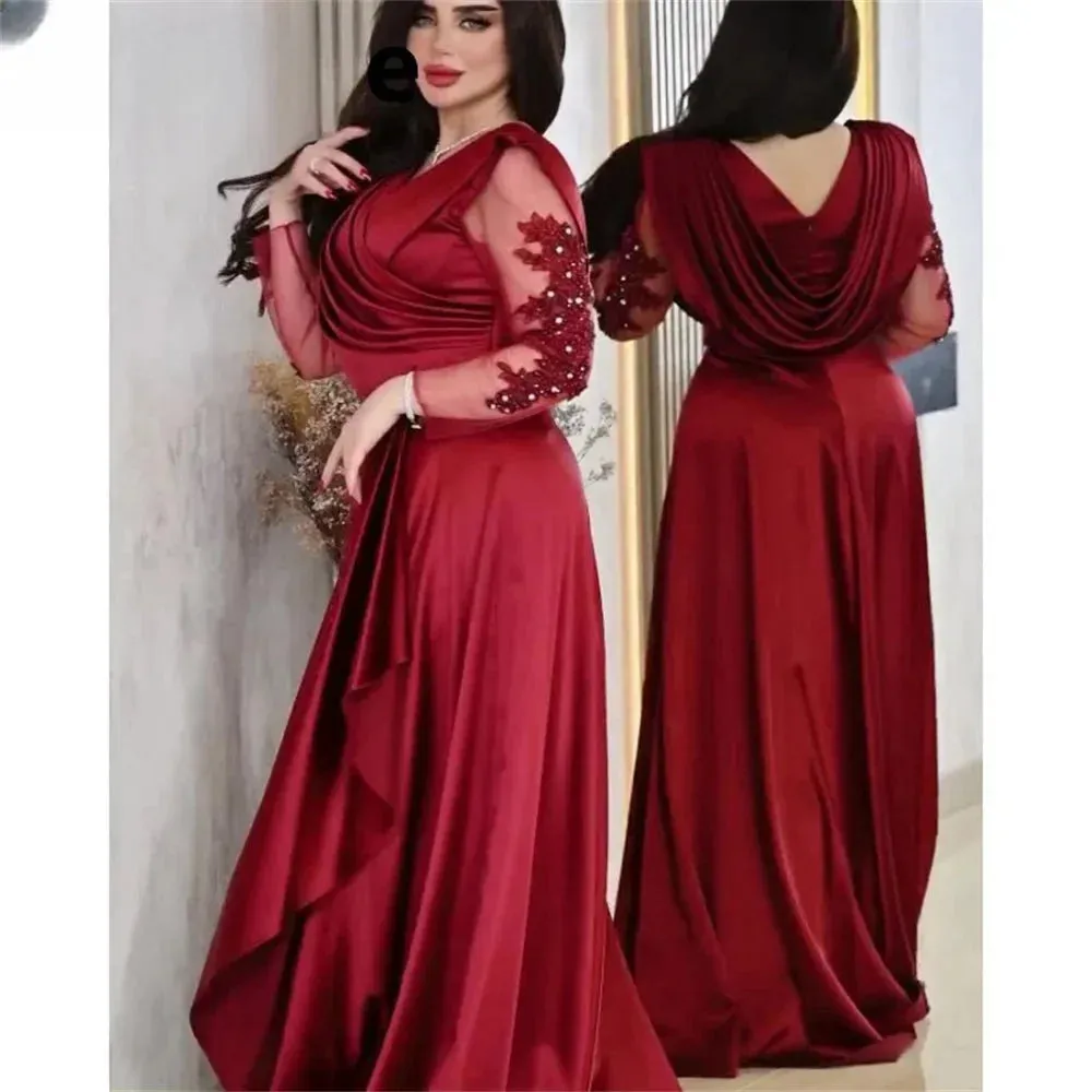 Satin robes de soirée V-neck Plus Size Lace Illusion Sleeves Prom Dresses Floor-length A-line Wedding Dress