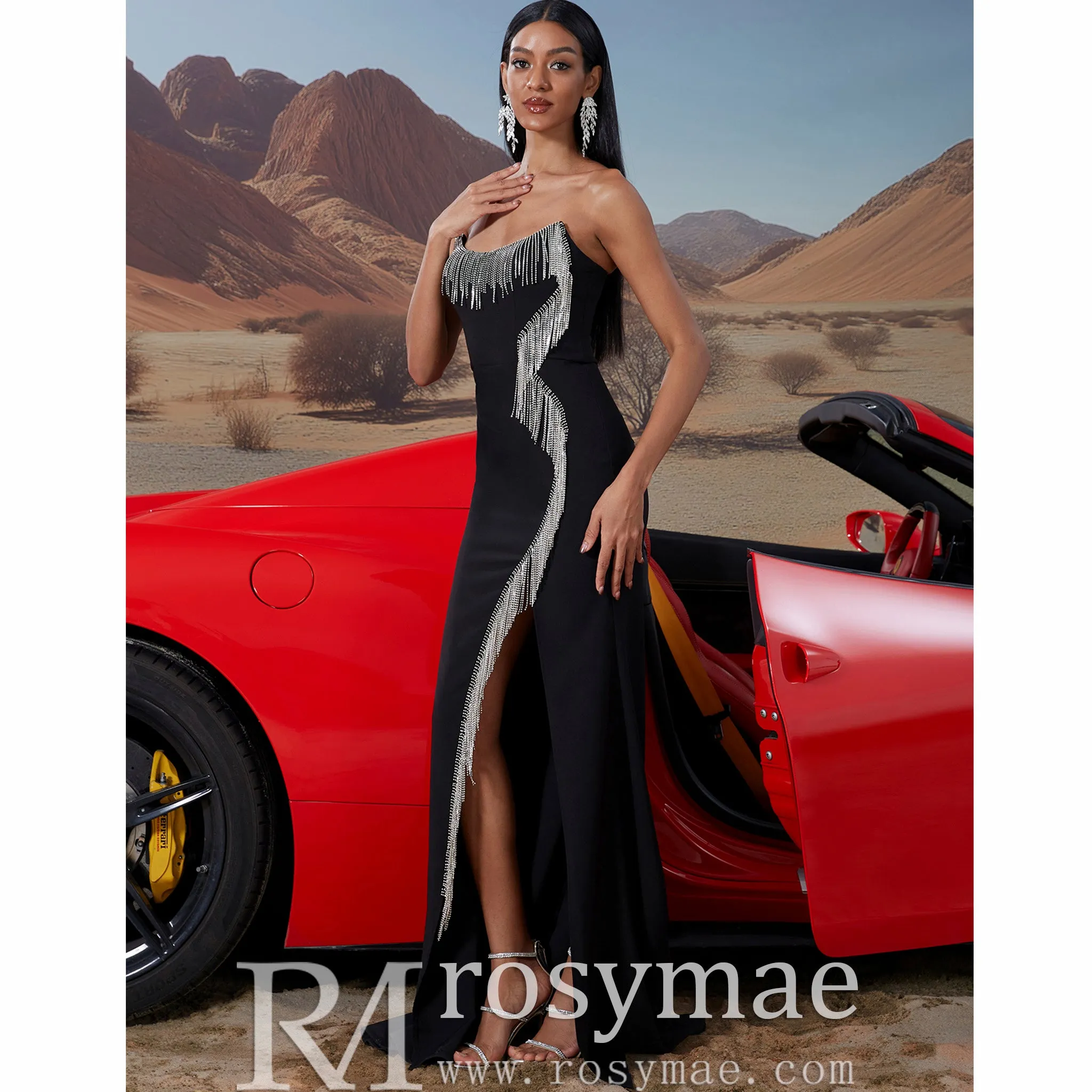 Scoop Neck Black Crystal Embellished High Leg Slit Prom Gown BP045