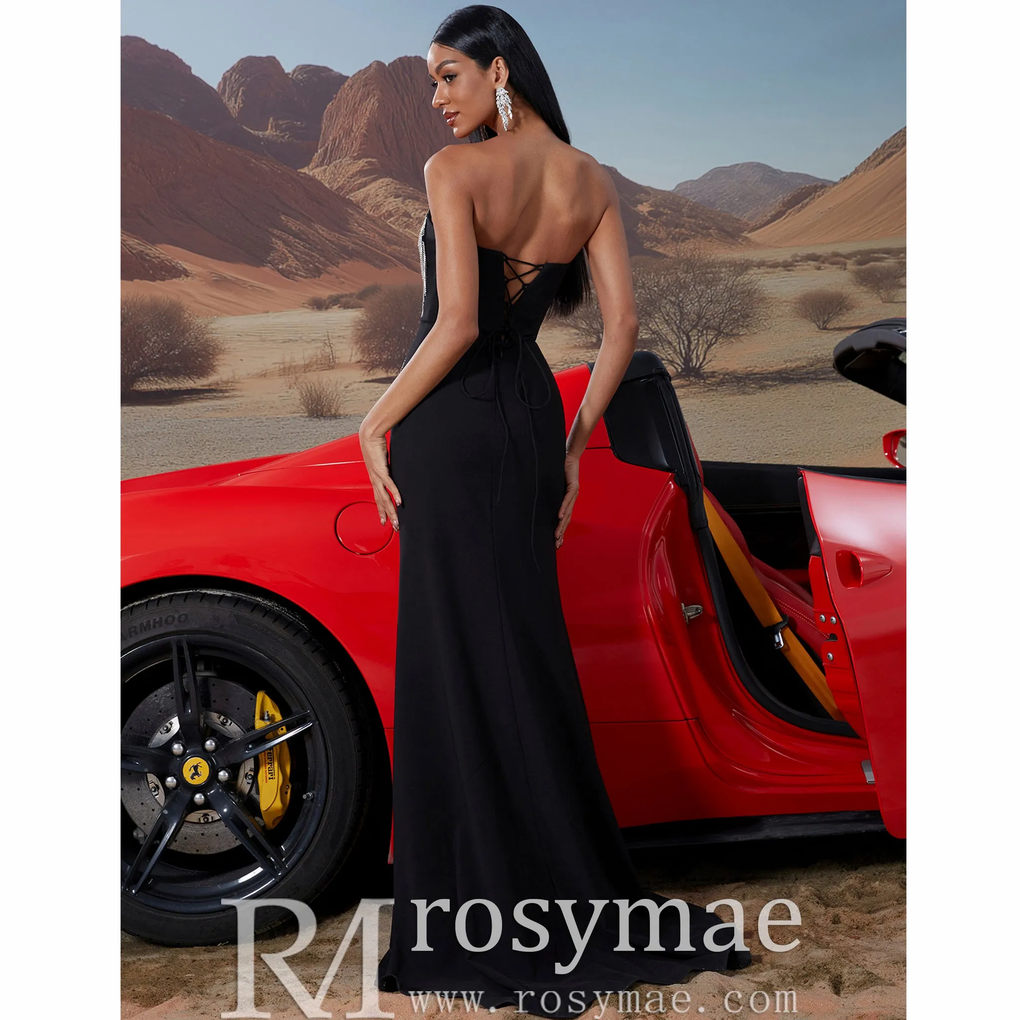 Scoop Neck Black Crystal Embellished High Leg Slit Prom Gown BP045