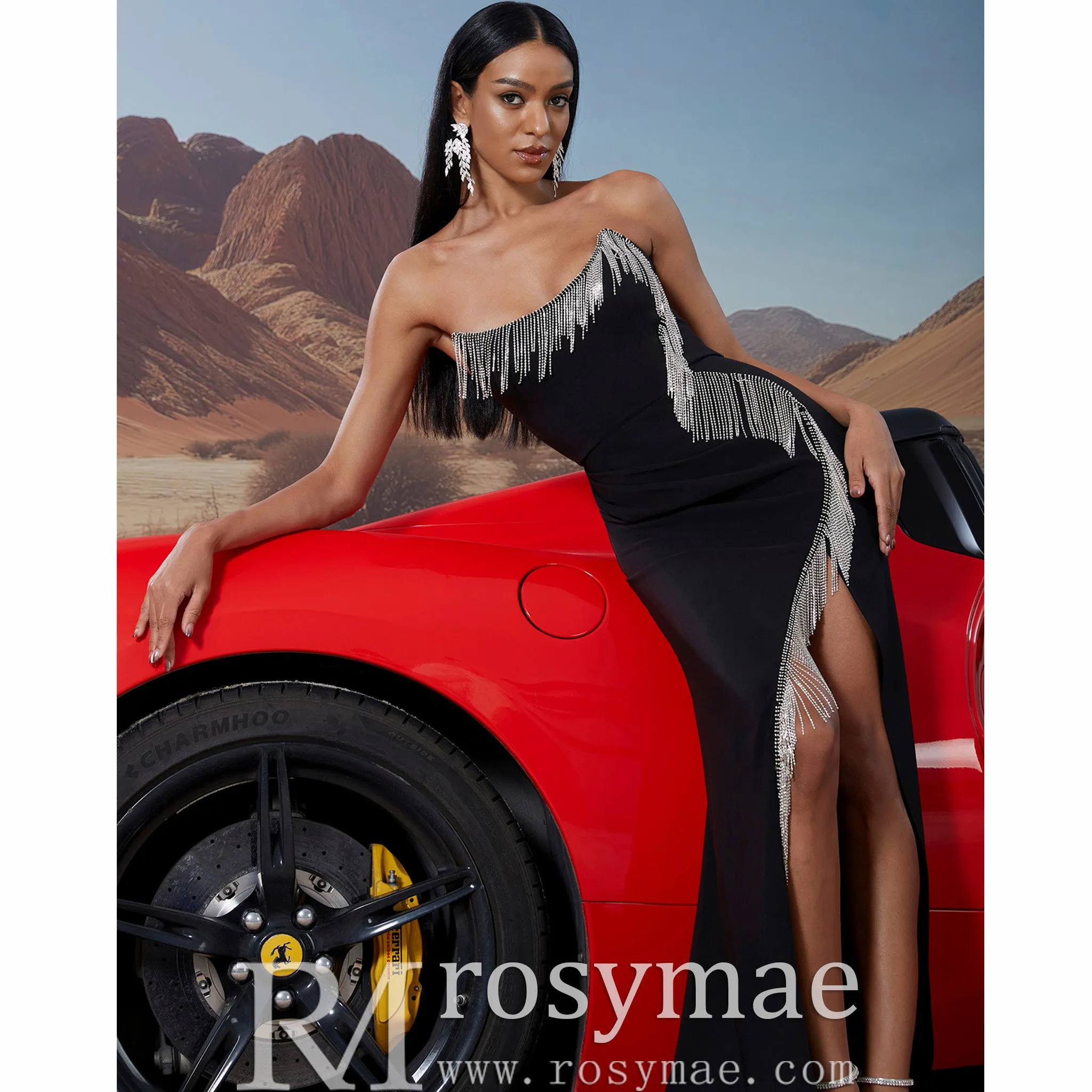 Scoop Neck Black Crystal Embellished High Leg Slit Prom Gown BP045