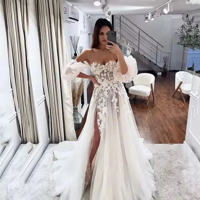 Sexy A Line Wedding Dresses For Bride Elegant Lace Flower Lace Boho Wedding Gowns High Split Princess Bridal Dresses