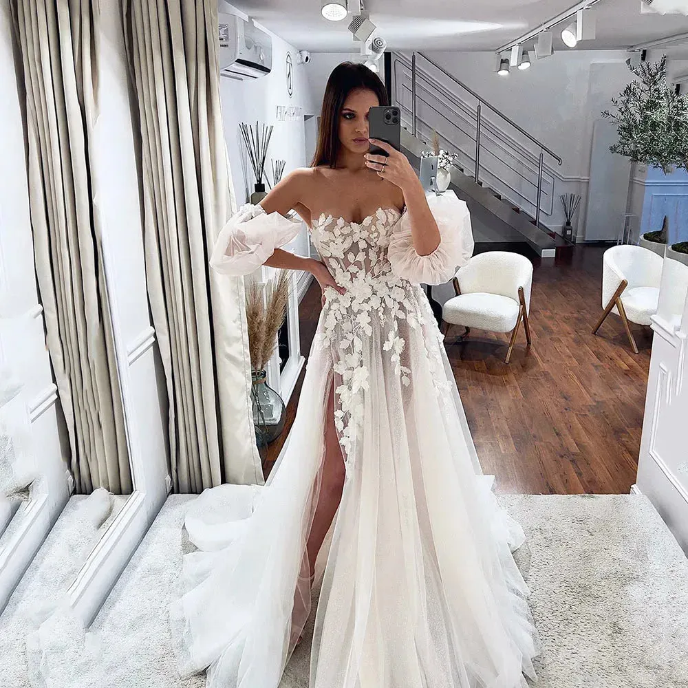 Sexy A Line Wedding Dresses For Bride Elegant Lace Flower Lace Boho Wedding Gowns High Split Princess Bridal Dresses