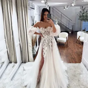 Sexy A Line Wedding Dresses For Bride Elegant Lace Flower Lace Boho Wedding Gowns High Split Princess Bridal Dresses