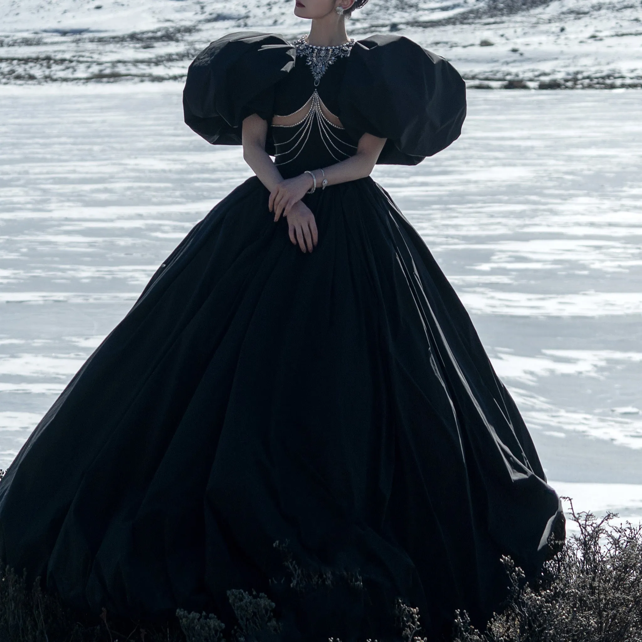 Sexy Ball Gown Black Wedding Dress with Short Puffy Sleeves