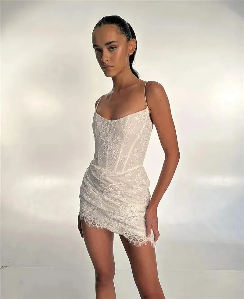 Sexy Full Lace Short Wedding Dresses With Jacket Long Sleeves Boning Mini Bridal Gowns Robe de mariage Party Dress