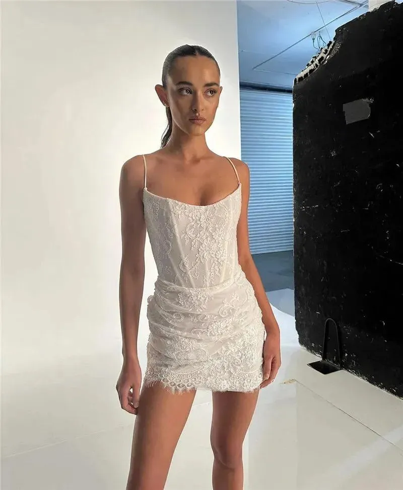 Sexy Full Lace Short Wedding Dresses With Jacket Long Sleeves Boning Mini Bridal Gowns Robe de mariage Party Dress
