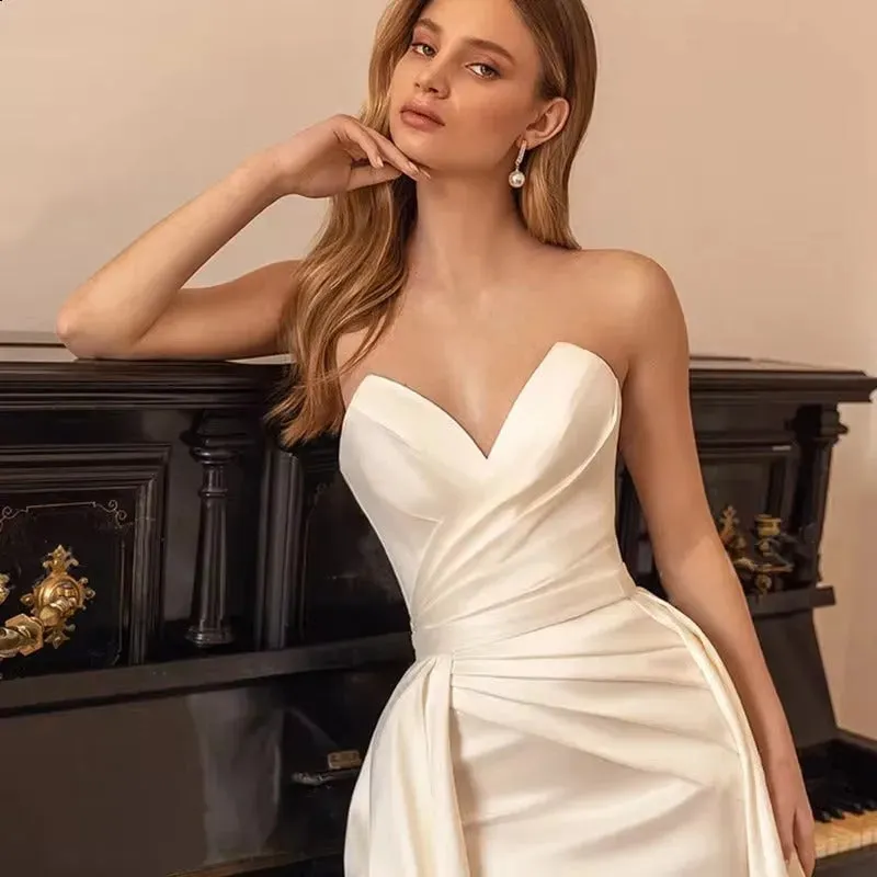 Sexy Satin Off Shoulder Wedding Dresses With Detachable Train Sweetheart A-Line White/Ivory Bridal Gowns vestidos de novia