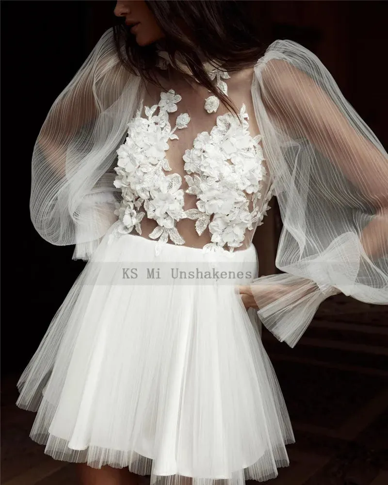 Sexy Short Wedding Dress Lace 3D Flowers Boho High Neck Wedding Gowns Illusion Puff Long Sleeve Bridal Dresses for Beach 2021