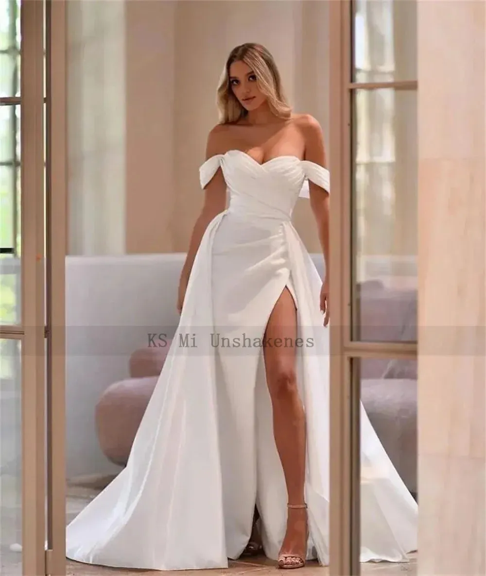 Sexy Two Pieces Wedding Dresses Detachable Train Bride Dress 2025 Satin off Shoulder Overskirt High Split Wedding Gowns Lace Up