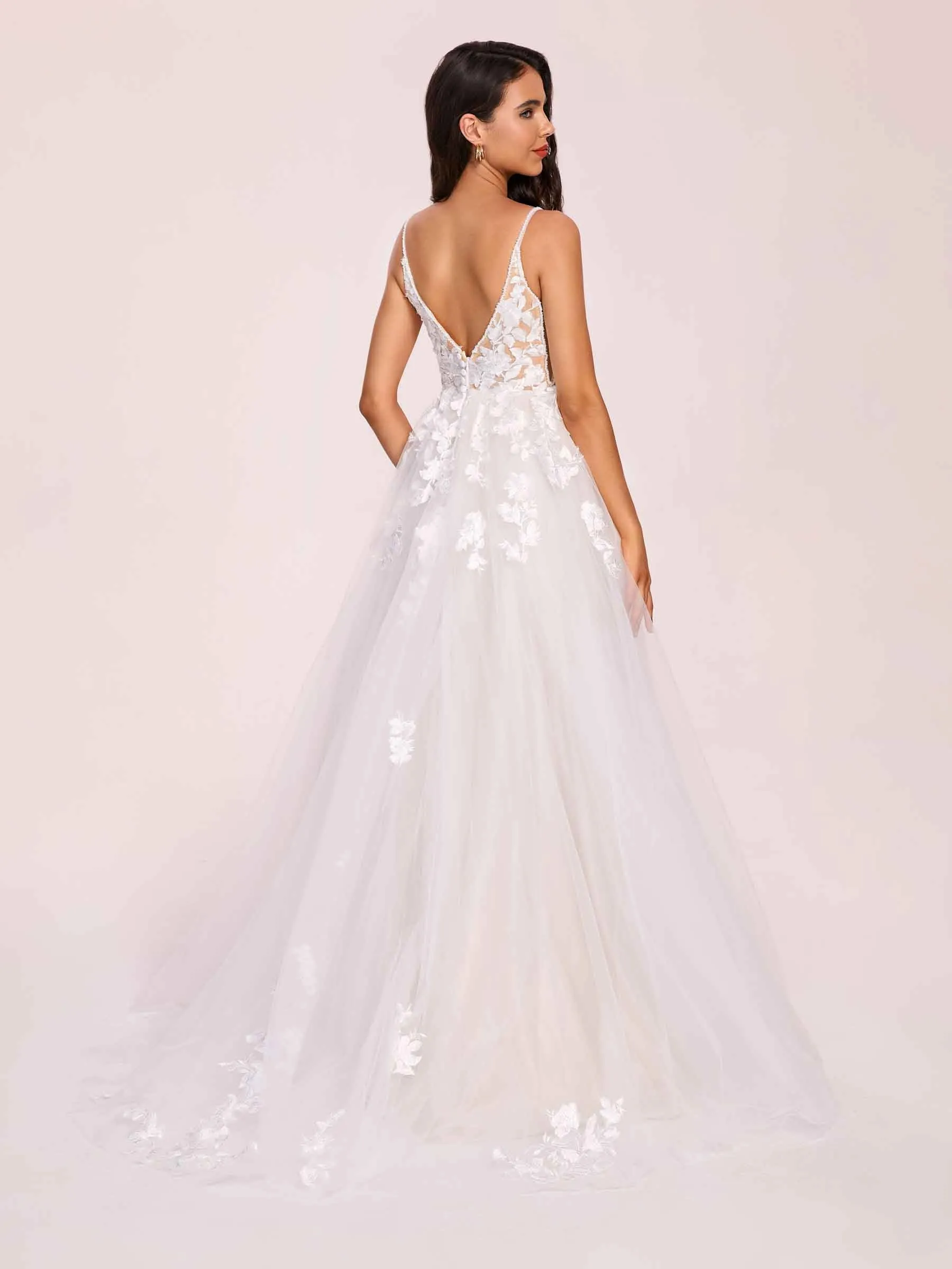 Sexy V-neck Open Back Spaghetti Straps A-line Long Train Wedding Dress