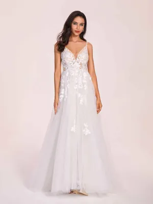 Sexy V-neck Open Back Spaghetti Straps A-line Long Train Wedding Dress