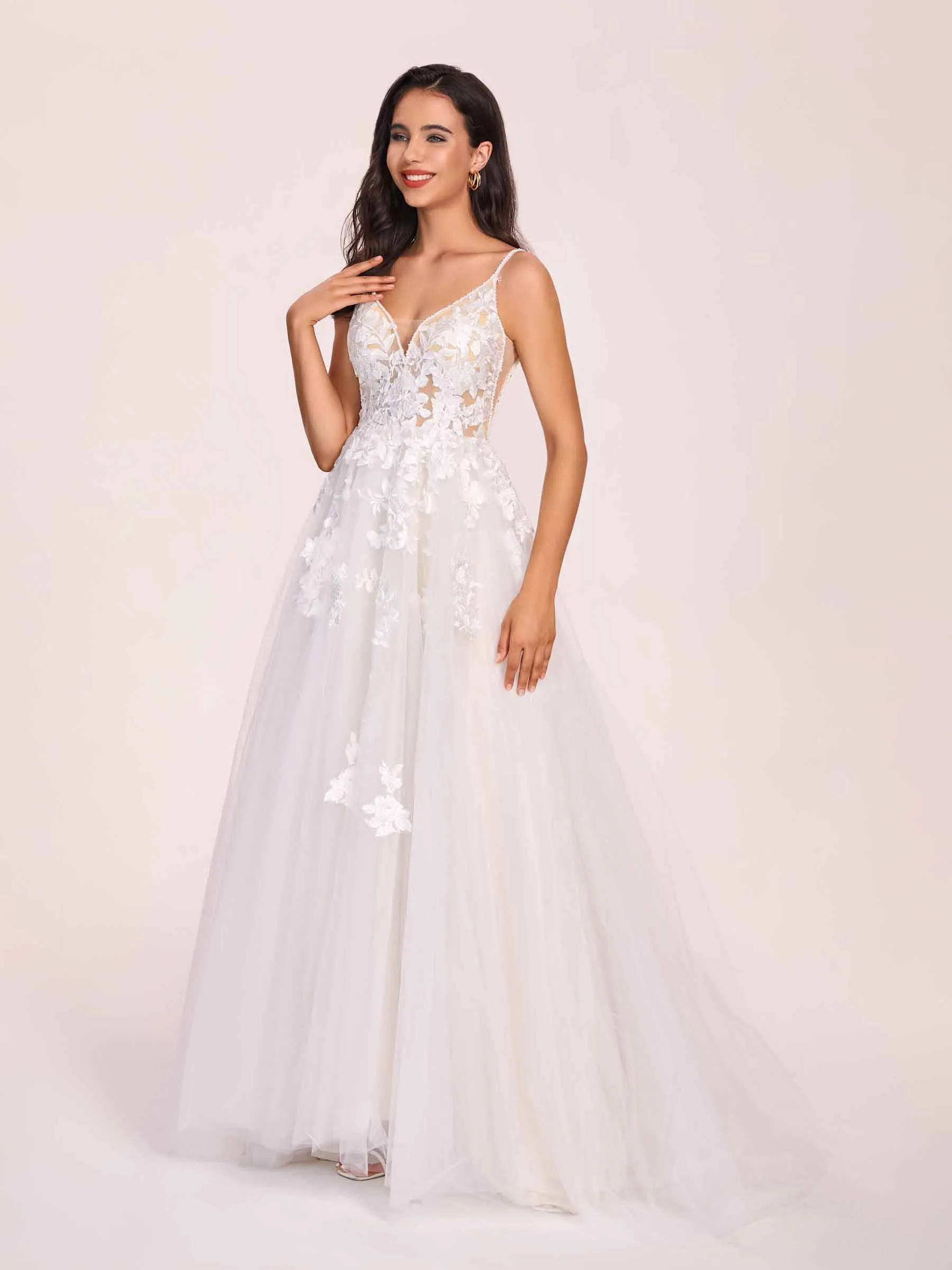 Sexy V-neck Open Back Spaghetti Straps A-line Long Train Wedding Dress