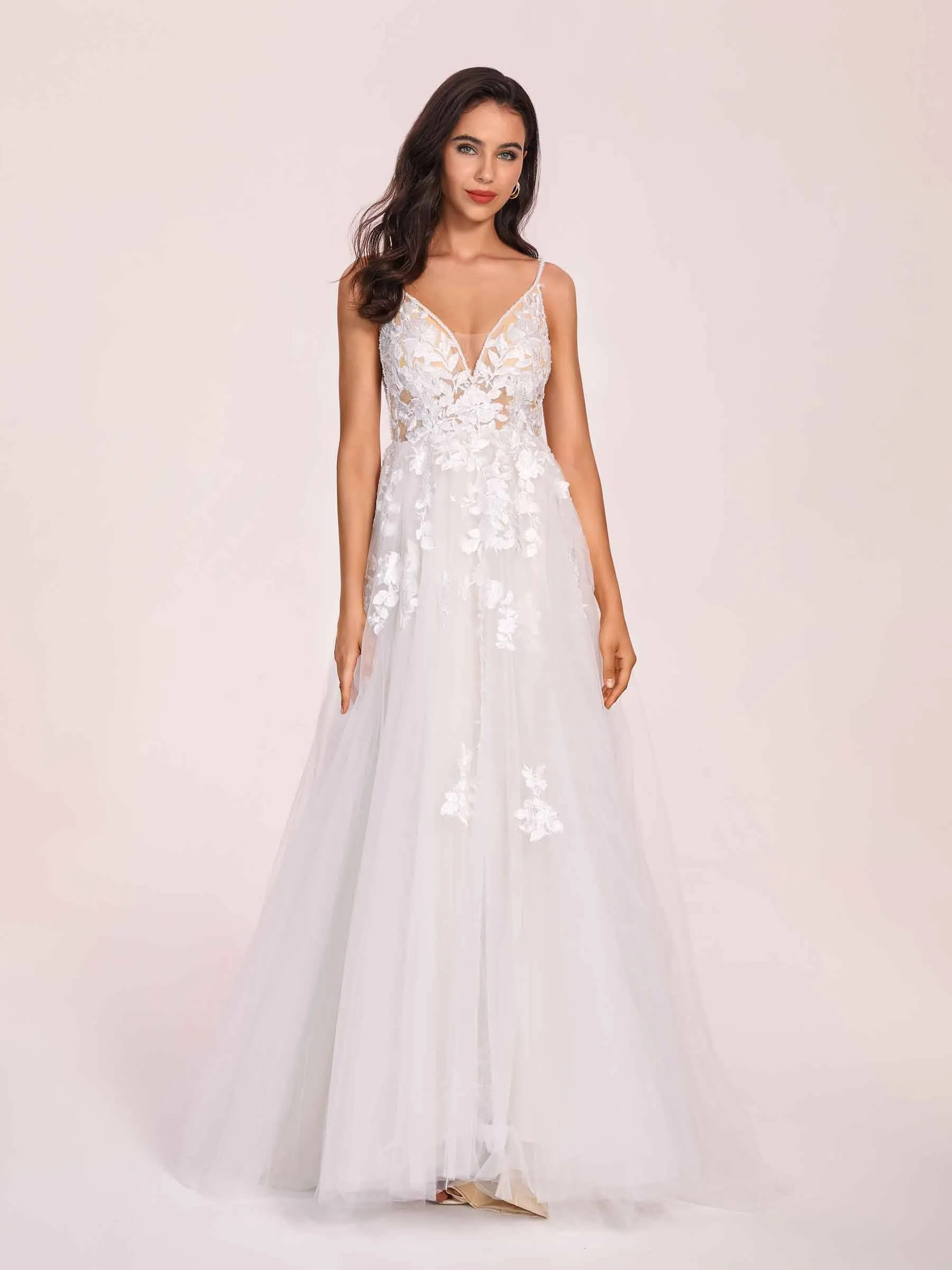 Sexy V-neck Open Back Spaghetti Straps A-line Long Train Wedding Dress