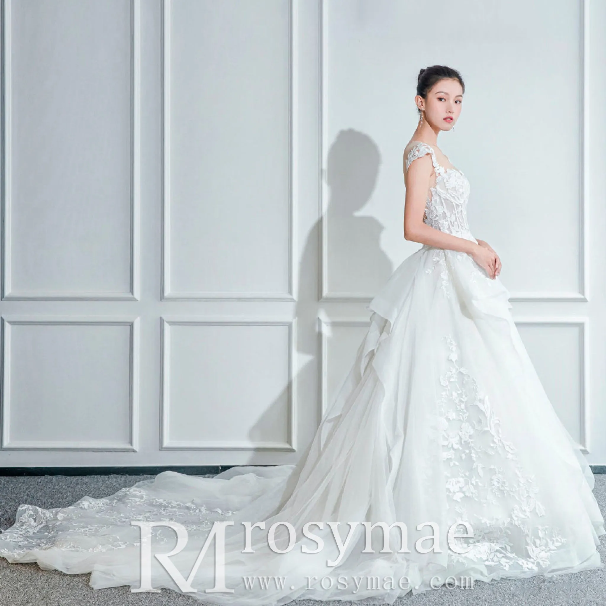 Sheer Neckline Ball Gown Wedding Dress with Capped Sleeve