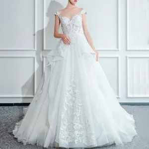 Sheer Neckline Ball Gown Wedding Dress with Capped Sleeve
